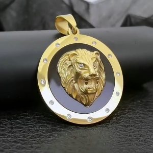 Stainless Steel Vacuum Gold Plated Dot Diamond Animal Lion Head Pendant Necklace