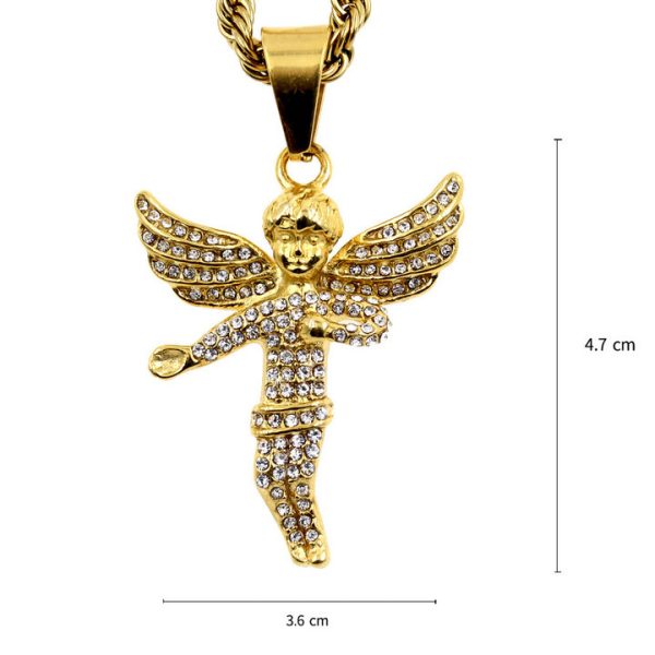 Hip Hop Punk Stainless Steel Gold Plated Full Diamond Small Angel Pendant HIPHOP Religion