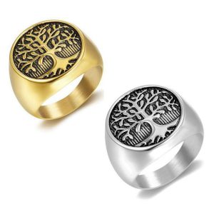 Hip Hop Retro Ring Titanium Steel Gold Plated Oil Tree of Life Men's Ring