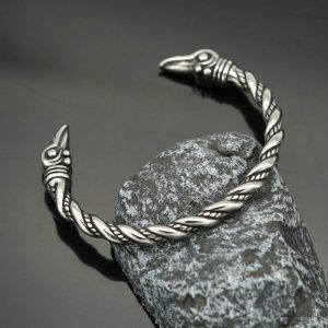 Titanium Steel Retro Viking Myth Raven Bracelet, Opening Double-Head Stainless Steel Bangle