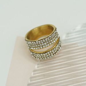 Light Luxury Personalized Minority Design Ring, Titanium Steel Electroplated 18K Gold Diamond Double Ring Band