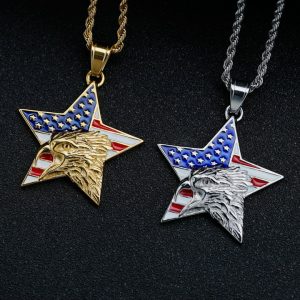 American Independence Day Memorial Necklace USA Flag Five-pointed Star Eagle Stainless Steel Pendant