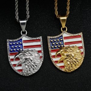 American Independence Day Commemorative Necklace, Eagle Flag Shield Badge Titanium Steel Pendant