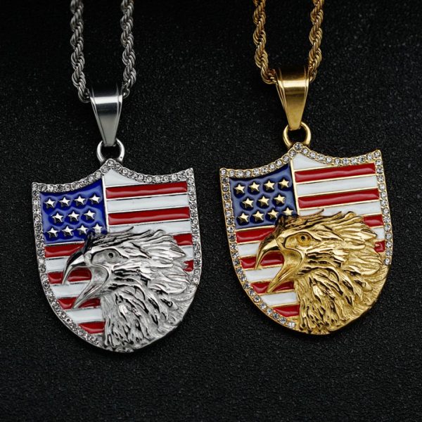 American Independence Day Commemorative Necklace, Eagle Flag Shield Badge Titanium Steel Pendant