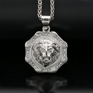 Stainless Steel Octagon Drilled Lion Head Pendant, Hip-Hop Jewelry