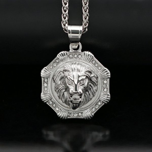 Stainless Steel Octagon Drilled Lion Head Pendant, Hip-Hop Jewelry