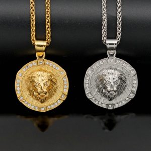 Stainless Steel Round Disc Gear Stripe Dot Drill Lion Head Pendant, Hip Hop Jewelry