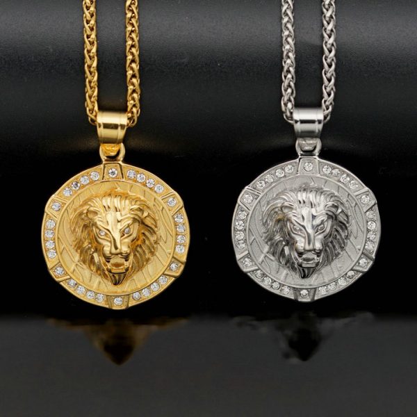 Stainless Steel Round Disc Gear Stripe Dot Drill Lion Head Pendant, Hip Hop Jewelry