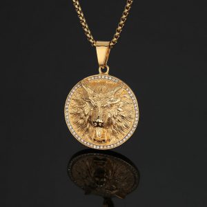 Titanium Steel Gold-Plated Round Disc Diamond-Set Wolf Head Pendant