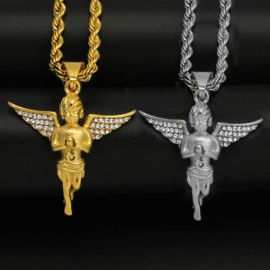 Titanium steel gold-plated diamond-set prayer angel pendant