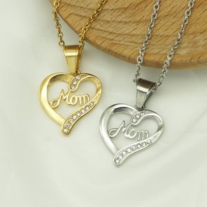 Mom stainless steel diamond-inlaid heart pendant Mother's  gift necklace