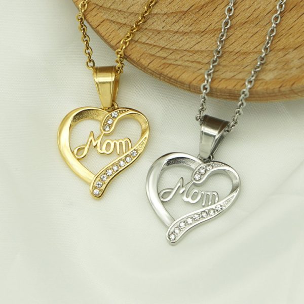 Mom stainless steel diamond-inlaid heart pendant Mother's  gift necklace