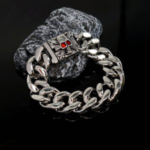 Cuban Link Titanium Steel Bracelet, Punk Style Stainless Steel Red Eye Skull Head Bracelet