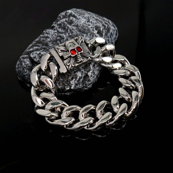 Cuban Link Titanium Steel Bracelet, Punk Style Stainless Steel Red Eye Skull Head Bracelet