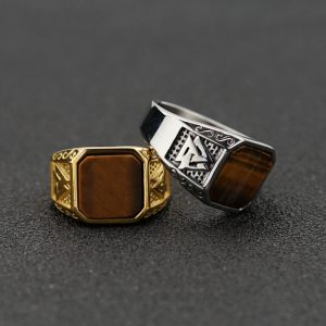 Nordic retro Viking rune stainless steel rings, fashionable and domineering natural stone rings