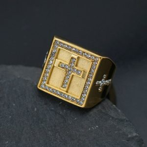 Titanium Steel/Stainless Steel Gold-Plated Diamond Cross Ring Accessory