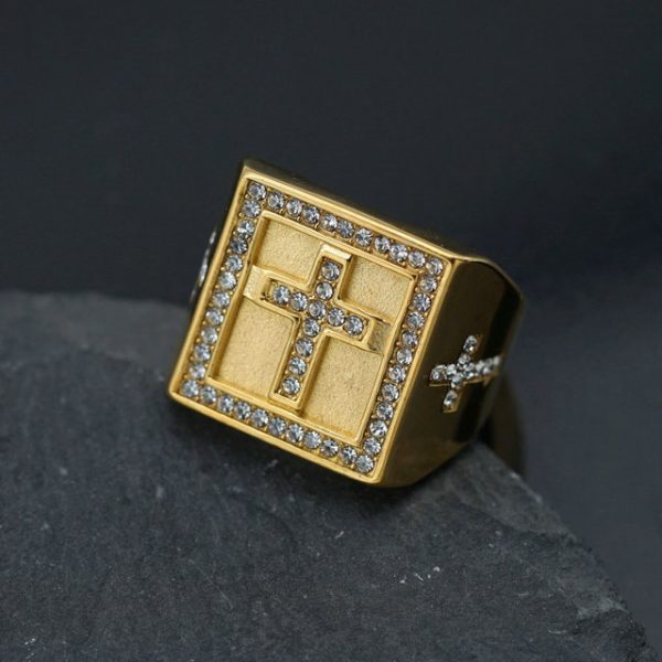 Titanium Steel/Stainless Steel Gold-Plated Diamond Cross Ring Accessory