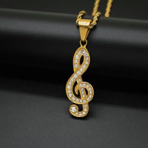 Hatsune Miku Music Note Diamond-Embedded Titanium Steel Pendant Necklace, Hip-Hop Trendy Men's Pendant