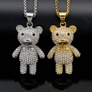 Hip-hop Jewelry, Titanium Steel Gold Plated Full Diamond Cute Bear Pendant