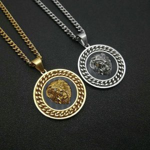 Titanium Steel Cuban Fence Chain Domineering Lion Head Pendant Sweater Chain