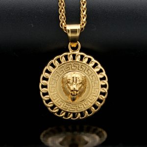 Titanium steel Great Wall pattern round brand lion head pendant sweater chain