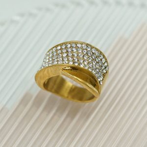 Fine Jewelry: Stainless Steel Ring with 18K Gold Plating and Micro-Pave Setting for Women