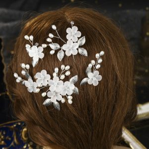 Handmade Flower and Leaf Hairpin for Bride, Chinese Traditional Bun Hairstyle Set with U-shaped Insert Pins for Wedding Ceremony