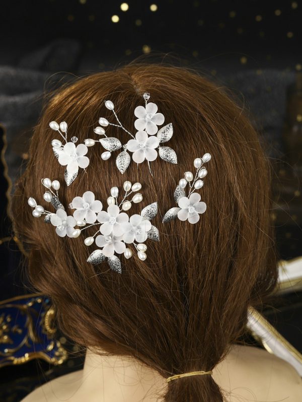 Handmade Flower and Leaf Hairpin for Bride, Chinese Traditional Bun Hairstyle Set with U-shaped Insert Pins for Wedding Ceremony
