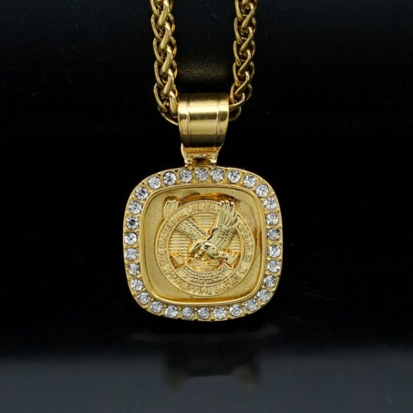 Square Stainless Steel Vacuum Plated 18K Gold Diamond Smeared Eagle Pendant