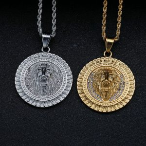 Stainless steel gold-plated dot diamond flame pattern animal lion head pendant