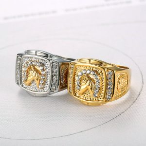 Hip-hop Jewelry, Gold-plated Diamond-studded Horse Head Men's Ring