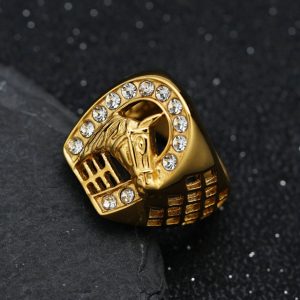 Hiphop Titanium/Stainless Steel Gold-Plated Diamond-Set Horse Head Men's Ring