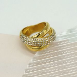 Light Luxury Titanium Steel Ring, 18K Gold Plated Diamond Trilogy Ring