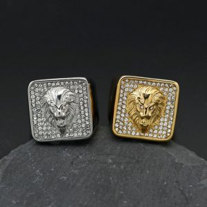 Titanium Steel Hip-Hop Full Diamond Relief Inlay Lion Head Men's Ring
