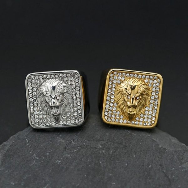 Titanium Steel Hip-Hop Full Diamond Relief Inlay Lion Head Men's Ring