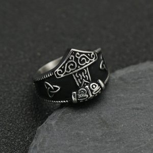 Viking Thor's Hammer Titanium Steel Ring, Nordic Viking Rune Triangular Knot Stainless Steel Ring Jewelry