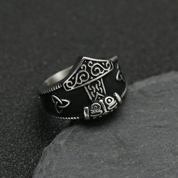 Viking Thor's Hammer Titanium Steel Ring, Nordic Viking Rune Triangular Knot Stainless Steel Ring Jewelry
