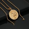 Titanium Steel Gold-Plated Round Disc Diamond-Set Wolf Head Pendant - 图片 2