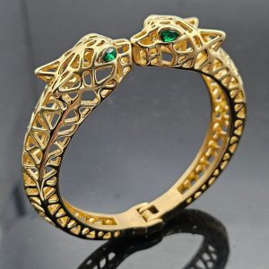 Retro hollow-out double-headed leopard green eyes bracelet