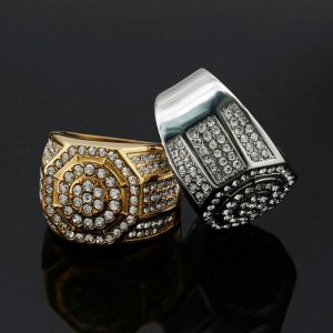 Men's Luxury Diamond-Encrusted Octagonal Stainless Steel Hip Hop Club Ring