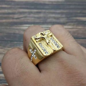 Gold-plated diamond-studded stainless steel Jesus cross ring