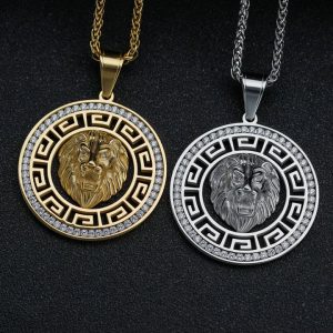 Stainless steel round full diamond hollow lion head pendant