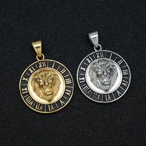 HIPHOP Fashion Trend Titanium Steel Round Brand Rune Smear Lion Head Pendant