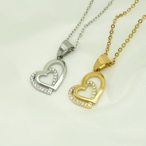 Double heart-to-heart pendant necklace, heart-shaped love titanium steel necklace, high-end versatile inlaid stone