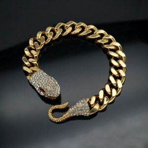 Hip-hop red and green eyes snake-shaped full diamond stainless steel Cuban chain splicing snake head bracelet