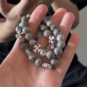 Men's Natural Stone Cross Flower Bracelet, Versatile Retro High-End Hip Hop Street Couple Accessory Fashion Jewelry
