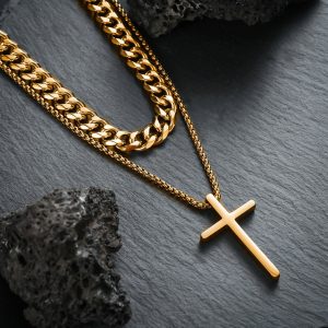 New vintage titanium steel cross pendant set, includes a necklace, bracelet, earrings, and ring.