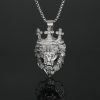 Stainless Steel Diamond-Embedded Crown Lion Head Pendant - 图片 2