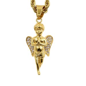 Religious Classic Stainless Steel Gold-Plated Diamond Prayer Angel Pendant
