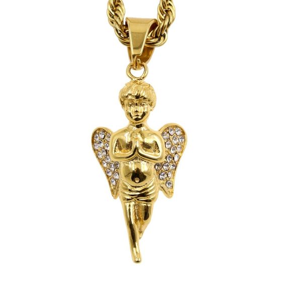 Religious Classic Stainless Steel Gold-Plated Diamond Prayer Angel Pendant